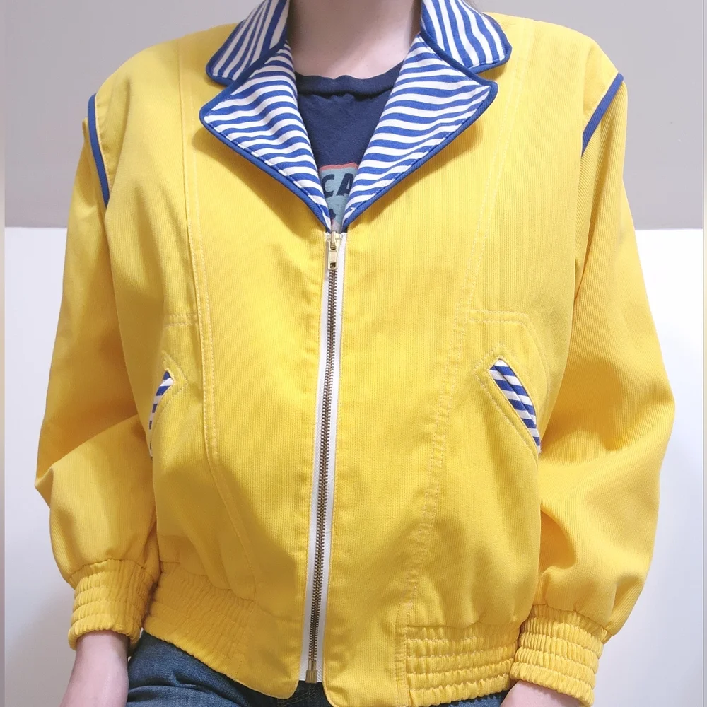 Joyce USA Jacket Vintage Full Zip Bomber YELLOW NAVY STRIPE small - Picture 9 of 9